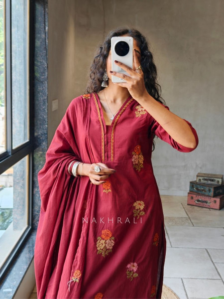 Kavira Maroon Suit Set with Floral Embroidery Work