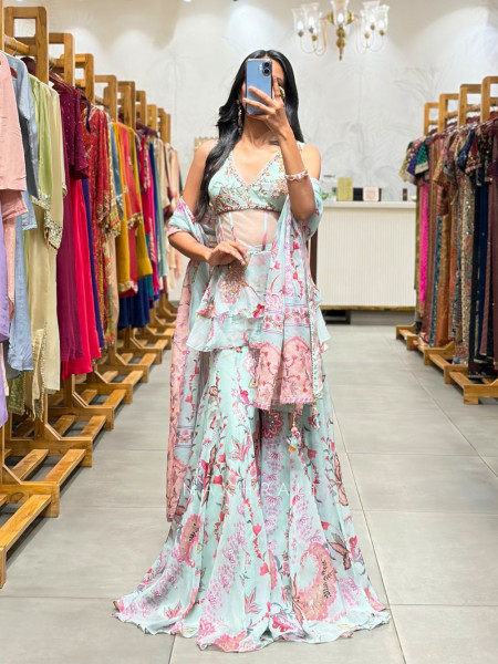 Kyvion Blue Indo Western Palazzo Set with Mirror Bead Work