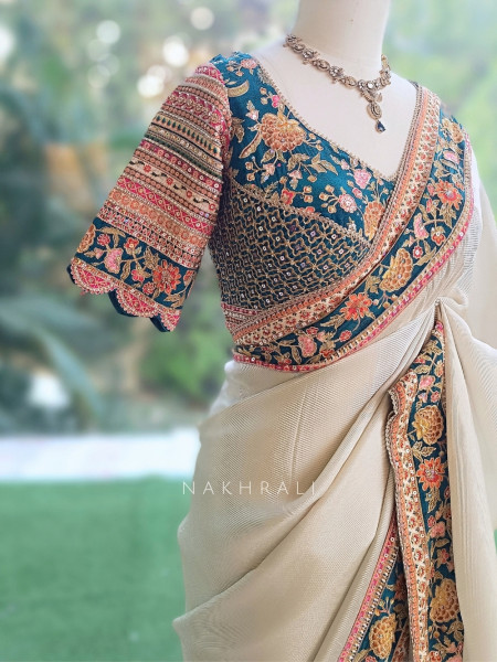 Mehr Cream & Teal Blue Fusion Saree