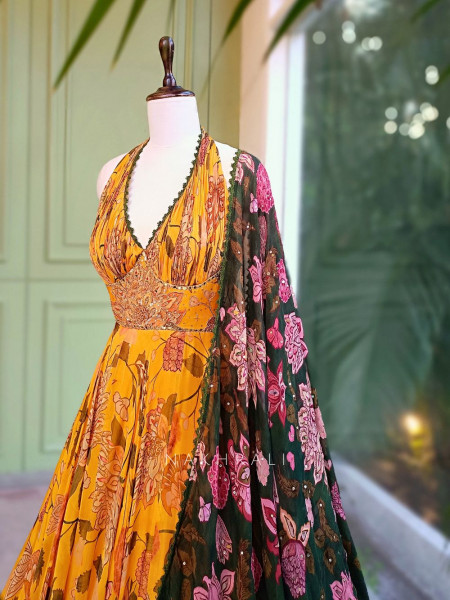 Marigold Bloom Floral Halter Neck Anarkali with Dupatta