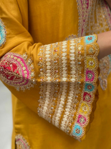 Resham Rang Mustard Silk Blend Farshi Suit Set With Zari, Zardozi & Resham Embroidery