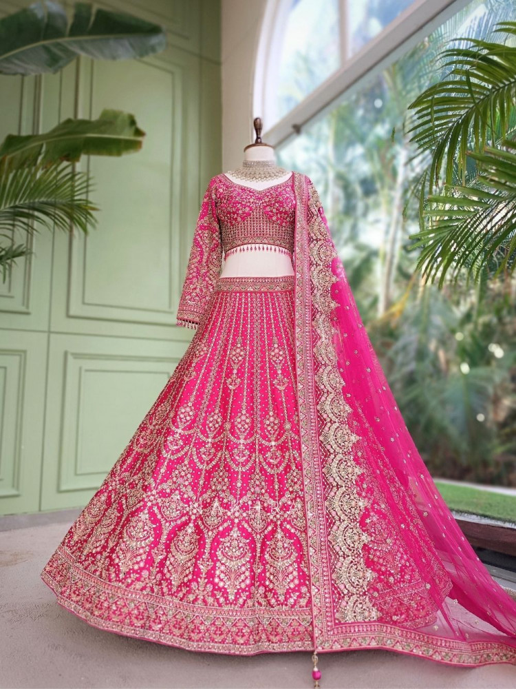 Image of Gulaal Blossom Magenta Raw Silk &amp; Soft Net Bridal Lehenga