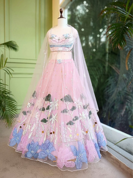 Enchanted Bloom Pink Net Lehenga with Sequin & Floral Embroidery
