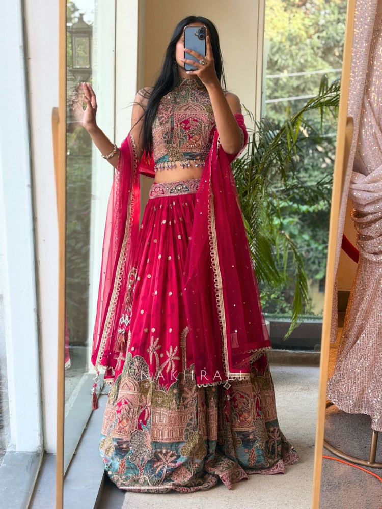 Image of Jharokha Tales Red Lehenga with Pichwai-Inspired Embroidery