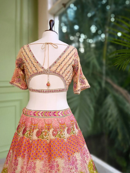 Sanika Beige Silk Printed Lehenga with Mirror Work