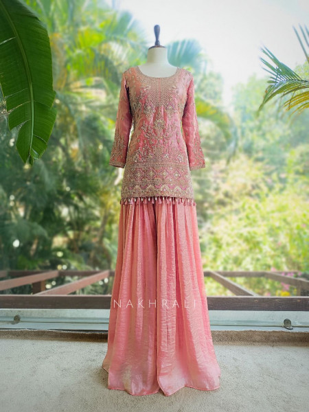 Nirshya Pink Silk Kurta Palazzo Set with Zari Embroidery