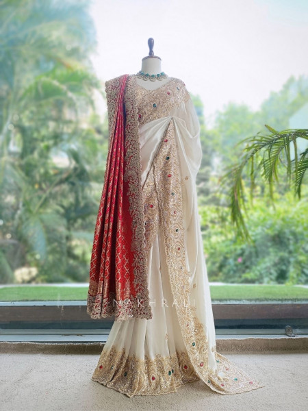 Celestial White Satin Silk Saree With Red Embroidered Dupatta