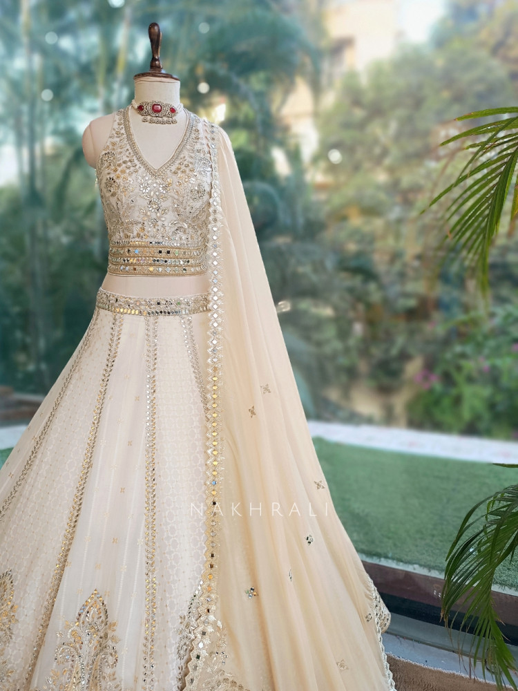 Image of Shabnam Sheesha White Georgette &amp; Tulle Net Designer Lehenga Set