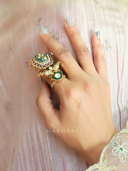 Meherbano Dual Motif Kundan Ring with Green Enamel