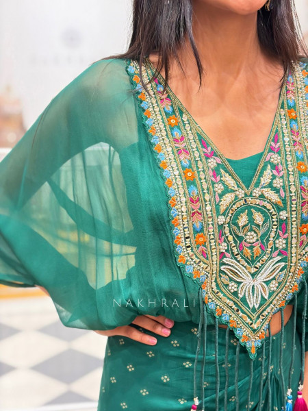 Boho Green Chinon Drape Skirt Set with Embroidered Tassel Yoke