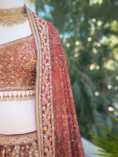 Evara Wine Bridal Lehenga with Gota Patti and Bead Work