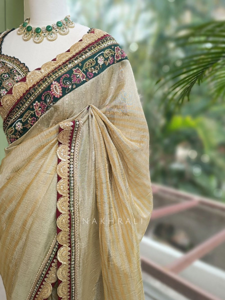 Navpallav Bottle Green Tissue Saree with Sequin Bead Embroidery