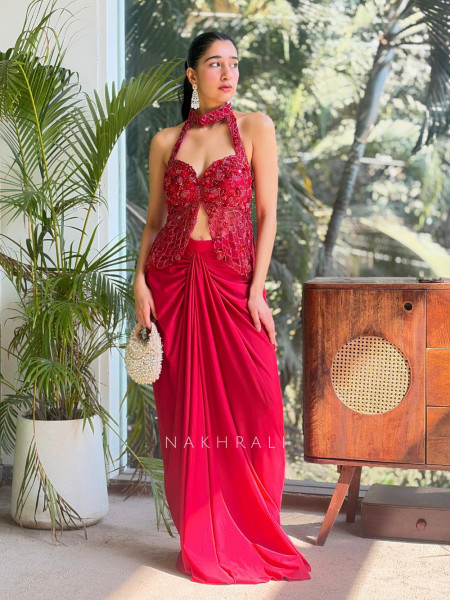 Rivya Embroidered Halter Crop Top with Draped Skirt Set