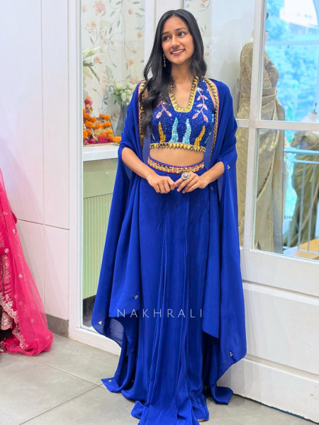Willow Blue Halter Indo-Western Set with Cape Shrug