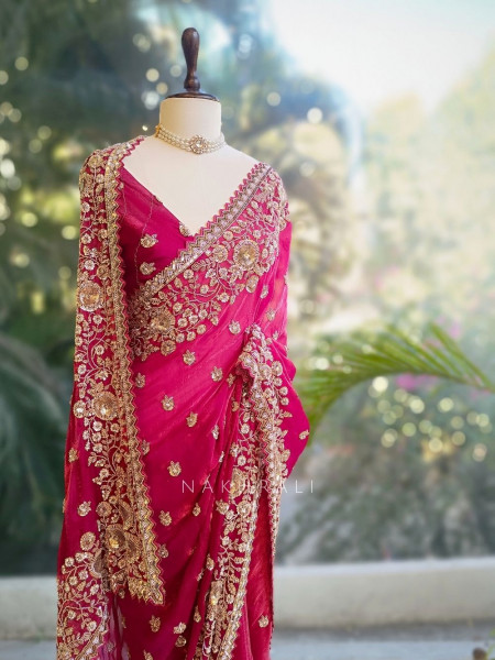 RubyLush Organza Silk Saree with Zardozi Work