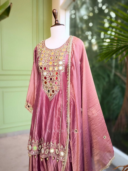 Ruhani Purple Tissue Suit Set with Mirror and Gota Work
