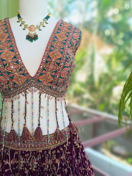 Gulaal-e-Firdaus Purple Green Lehenga Set Embroidery & Mirror Work