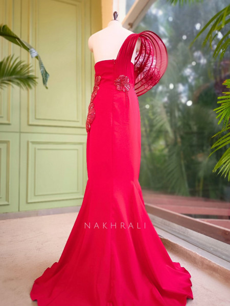 Sylrix Red Statement Gown with 3D Floral Sequin Embroidery