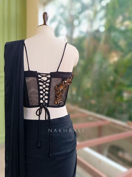 Monstera  Black Soft Mesh Georgette Drape Saree with Corset Blouse