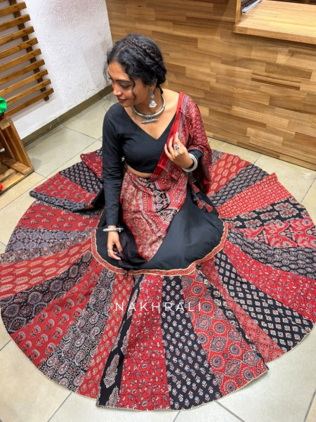 Pravika Black Pure Cotton Chaniya Choli Ajrakh Kalamkari Patchwork & Gota Detail