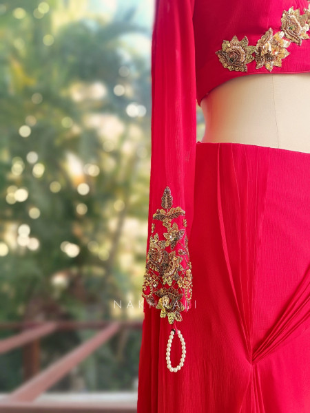 Carmine Red Indo Western Drape Skirt Set with Zari and Sequin Embellishment