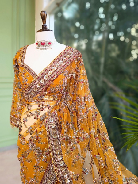 Navira Mustard Embroidered Net Saree with Sequins
