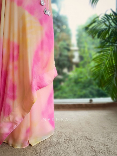 Rosé Glow Pink Indo Western Palazzo Cape Set with Mirror & Cut Dana Work