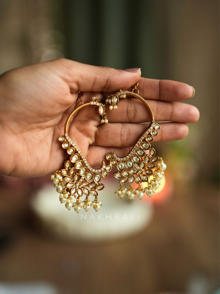 Image of Arnika White Floral Kundan Hoop Earrings