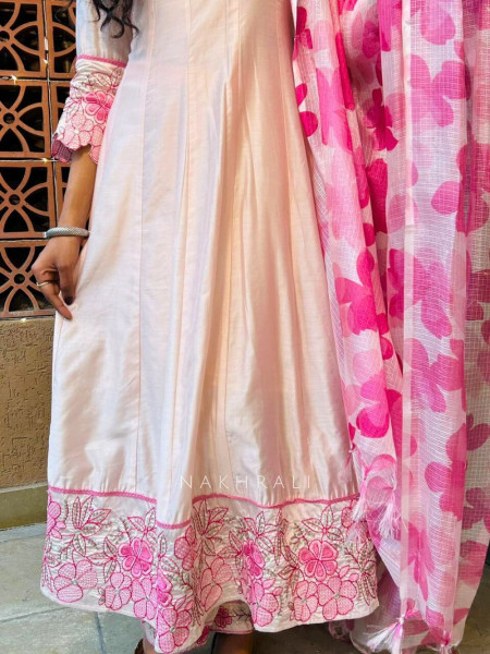 Rivaya White Anarkali Suit Set with Pink Printed Dupatta