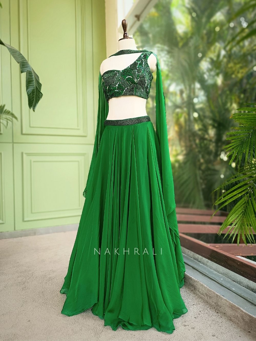 Vrinda Green Indo-Western Lehenga Set with Bead and Sequin Work Vrinda Green Indo-Western Lehenga Set with Bead and Sequin Work
