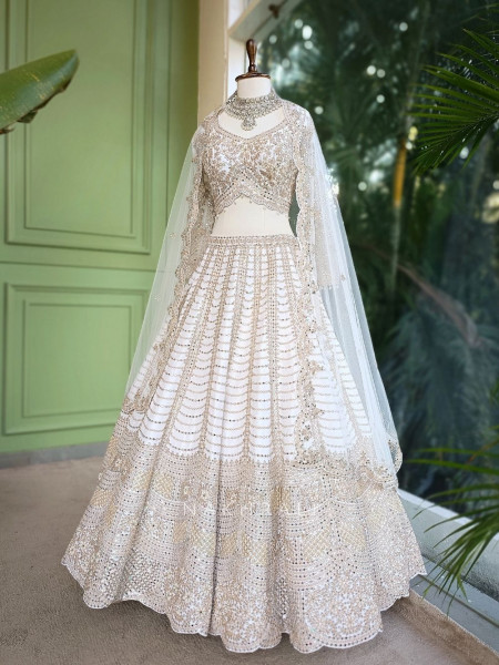 Ravya Cream Mirror and Beads Work Lehenga Set