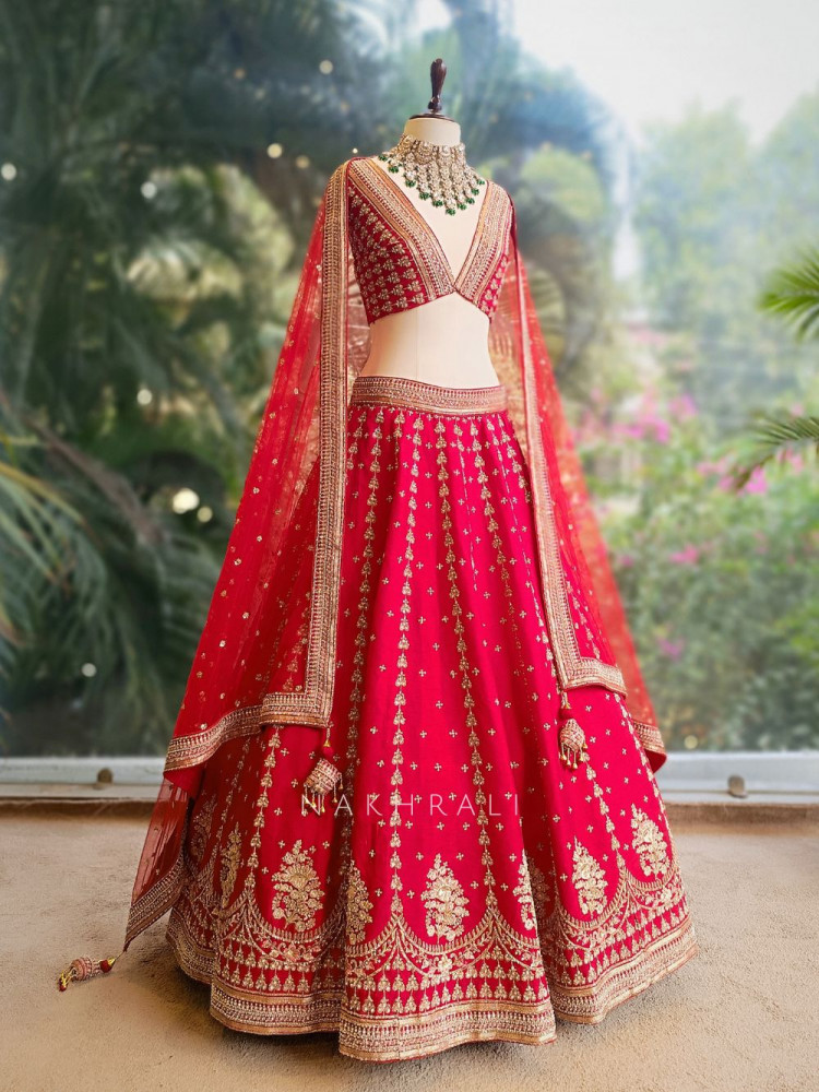 Image of Elysia Red Bridal Lehenga with Zari Sequin Embroidery