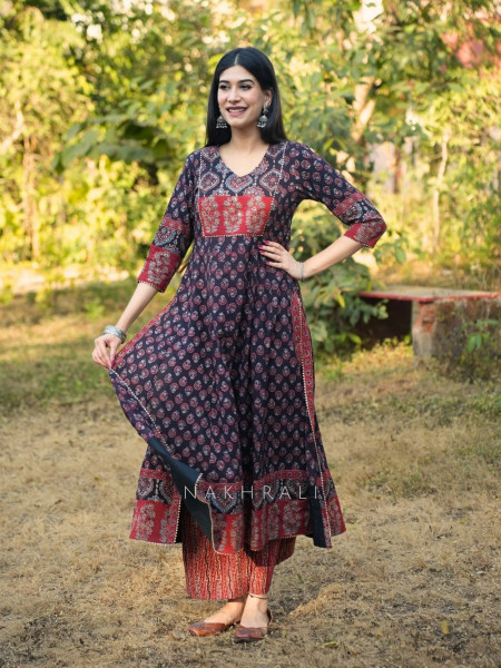 Noori Black Cotton Flared Kurta