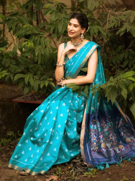 Mayur Blue Chanderi Saree with Floral Ikat Print