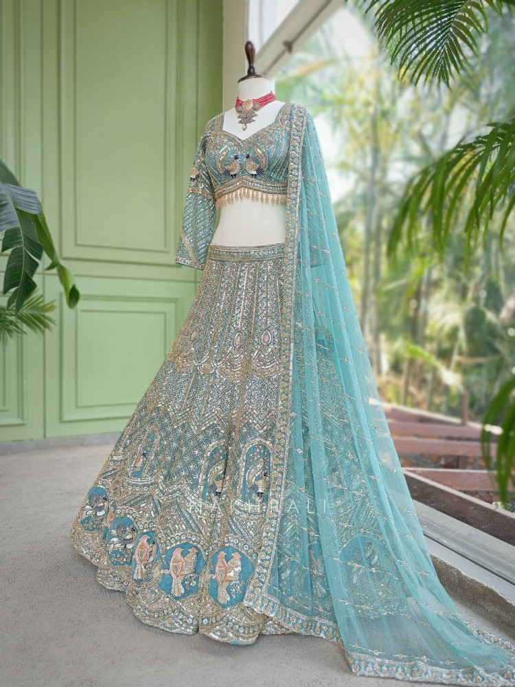 Image of Vastra Firozi Net Lehenga with Cut Dana Sequin Bead Work