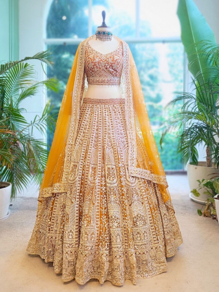 Golden Flare Orange Lehenga with Thread and Sequin Work