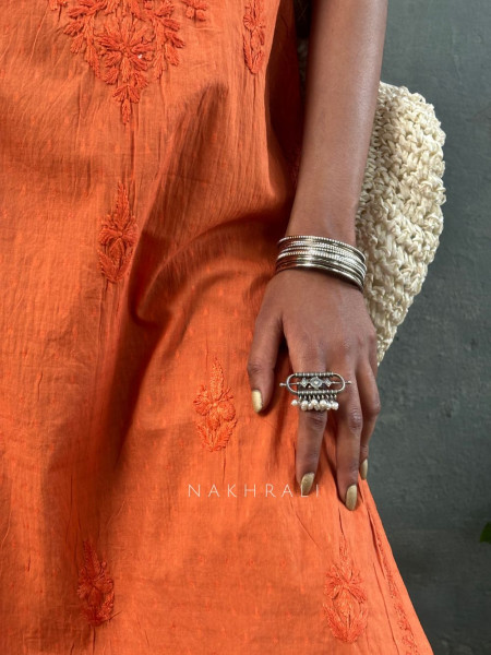 Sunbreeze Orange Cotton Chikankari Sleeveless Kurti with Embroidery