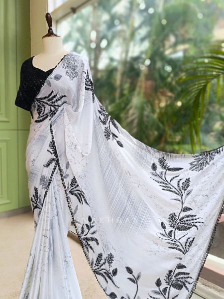 Midnight Marble Black & White Premium Chiffon Georgette Blend Saree With Readymade Blouse