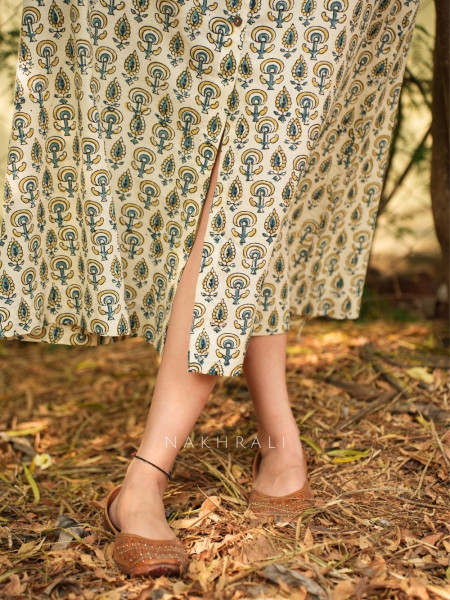 Rihana Cream Cotton Block Printed Button-Down Dress