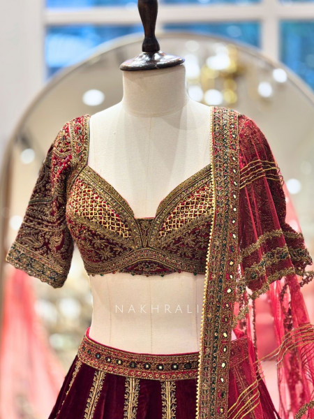 Zohra Luxe Maroon Velvet Bridal Lehenga with Mirror, Sequin, and Cut Dana Work