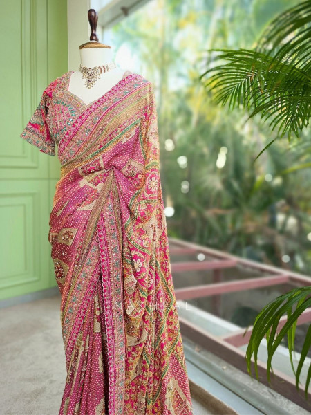 Prisha Pink Printed Saree with Sequin Work