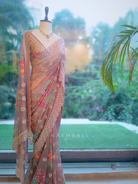 Noor-e-Bahar Wine Silk Organza Saree with Multicolor Floral Resham Embroidery