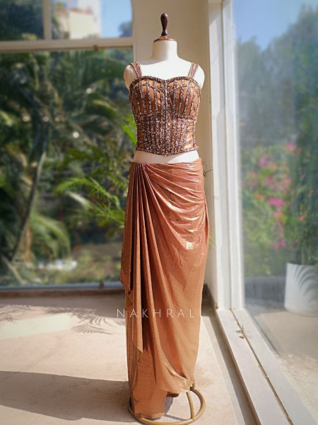 Henley Brown Shimmer Corset Skirt Set with Sequin Grid Work