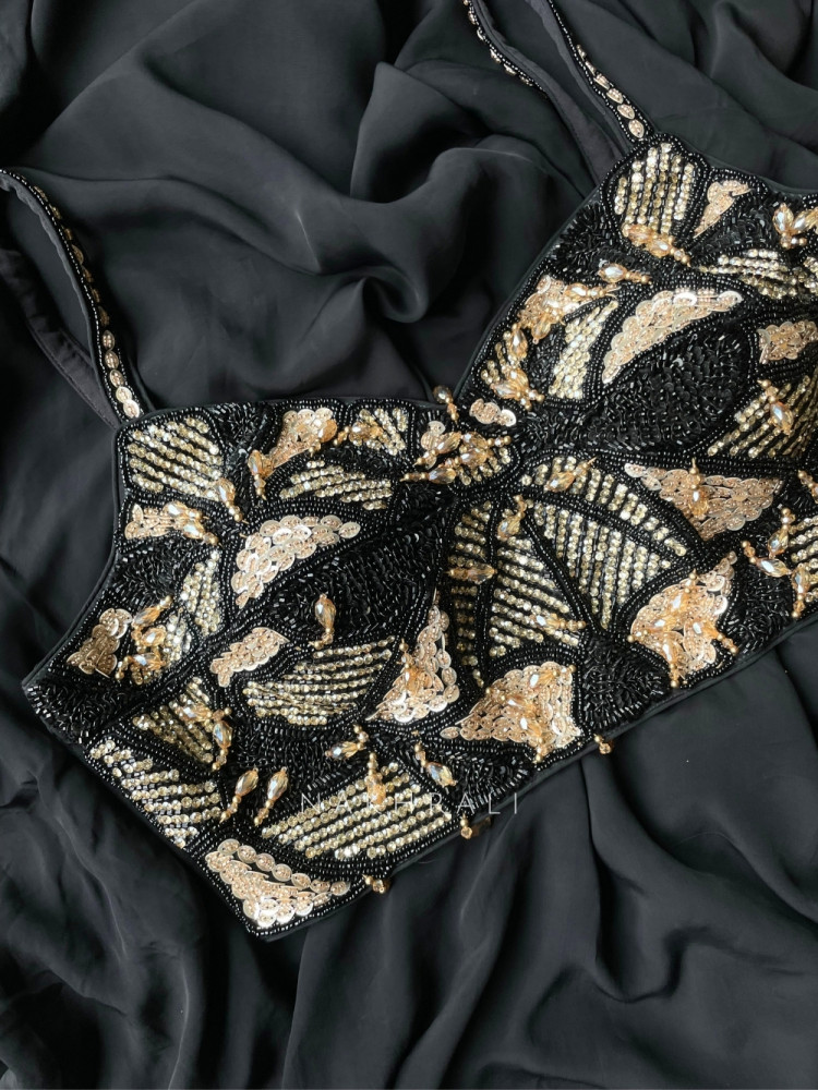 Image of Nox-Aura Jet Black Encrusted Sequin Saree with Pearl-Trim Border