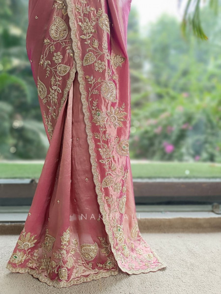 Nishaara Onion Pink Metallic Silk Tissue Saree with Zardozi & Paisley Embroidery