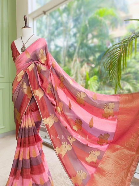 Rangrekha Pink Saree With Striped Woven Figurative Motifs