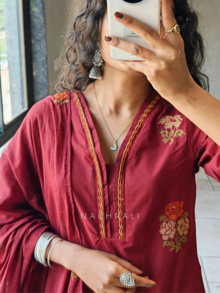 Kavira Maroon Suit Set with Floral Embroidery Work