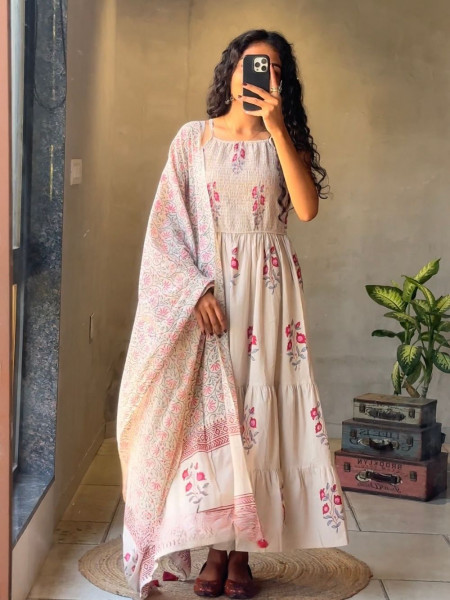 Liora Light Brown Cotton Suit Set with Floral Print