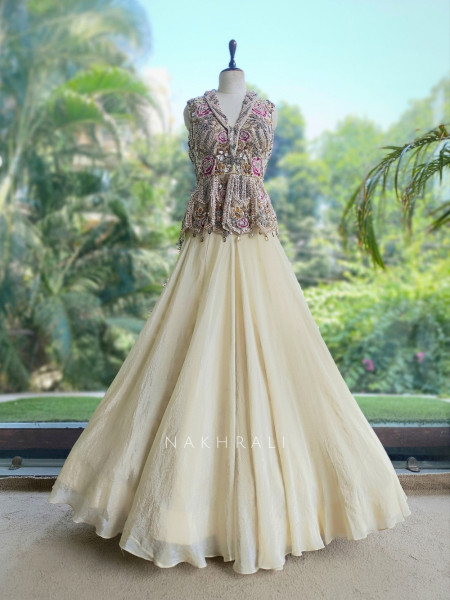 Linear Eden Cream Georgette & Tulle Net Lehenga