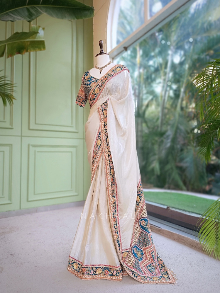 Image of Mehr Cream &amp; Teal Blue Fusion Saree